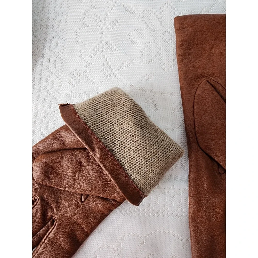 Vintage Fownes Leather Gloves Cashmere Wool Lined Retro Chestnut Brown Women 6.5